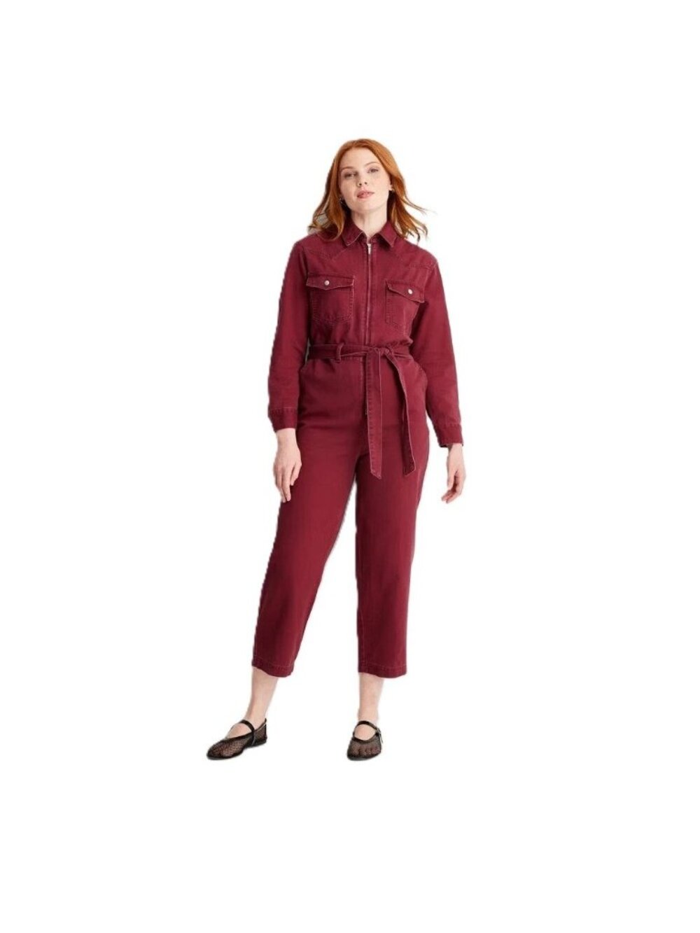 Future Collective Burgundy LS Zip Front Denim Jumpsuit -- Women's Size XS 0/2
